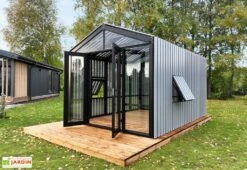Serre De Jardin En Bois Et Verre Trempé Avec Panneaux Occultants – Tournesol -Outils De Jardinage serre jardin bois gris panneaux stali design 06